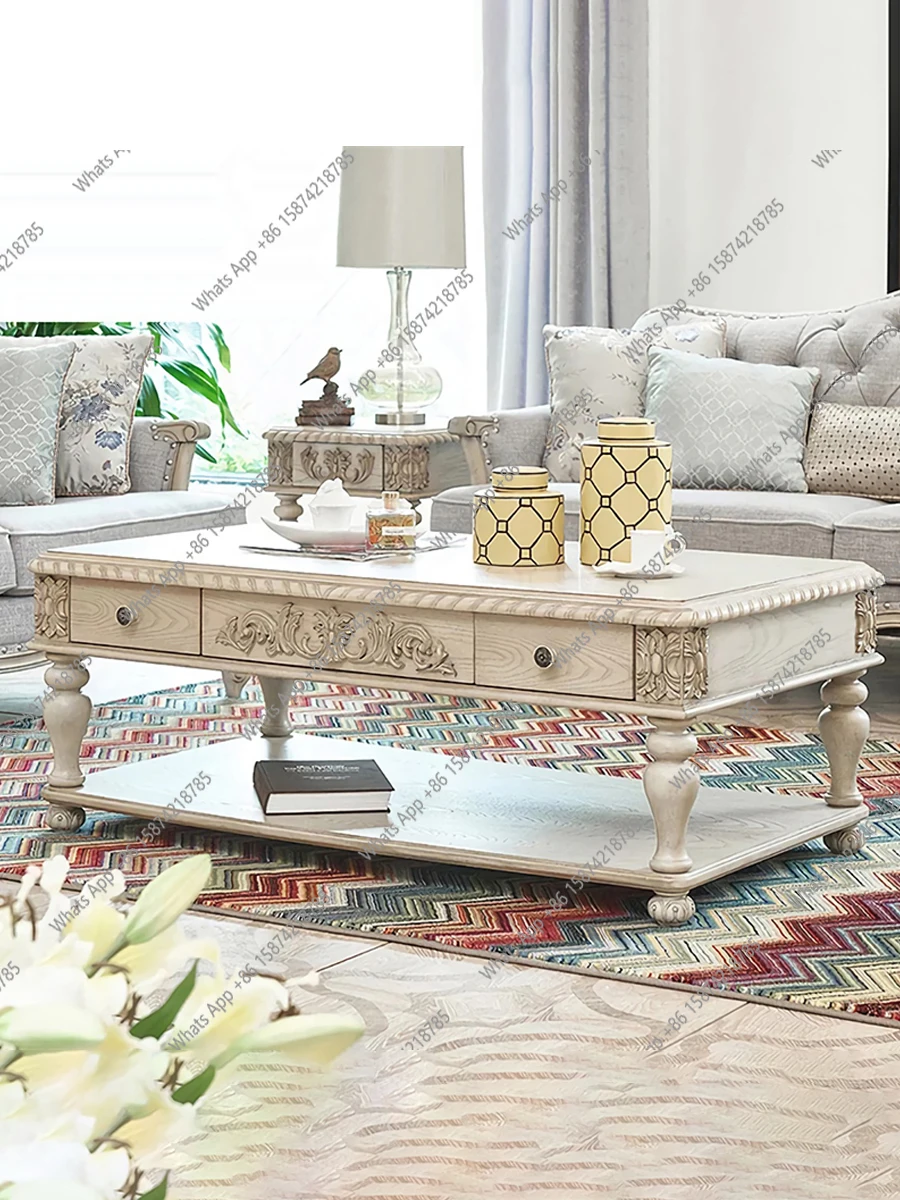 

American solid wood coffee table French retro double-layer drawer tea table European carved rectangular living room simple home