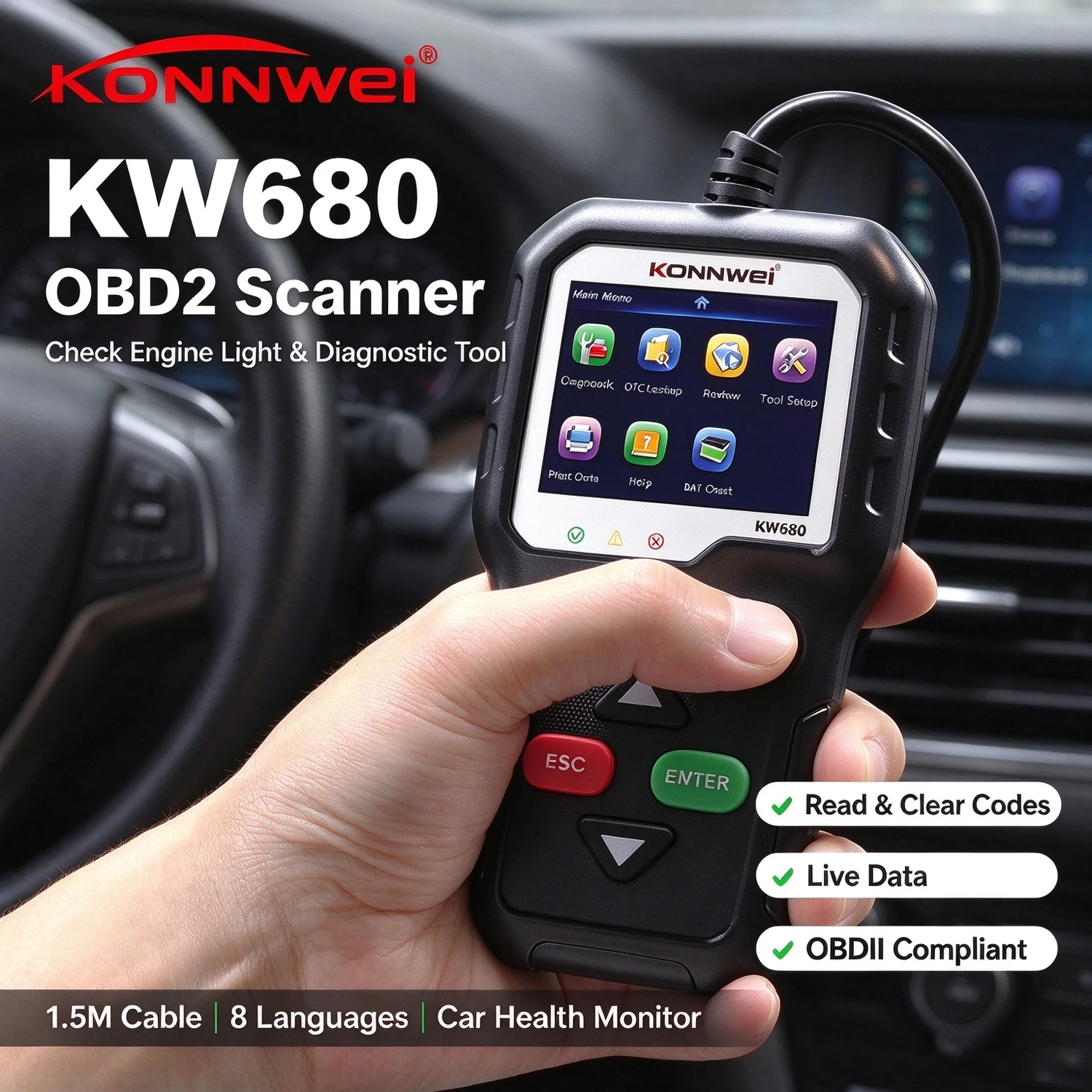 2026 KONNWEI KW680 OBD2 Diagnostic Tool Car Code Reader Check Engine Light Scan Tool OBD II Scanner for Cars After 1996