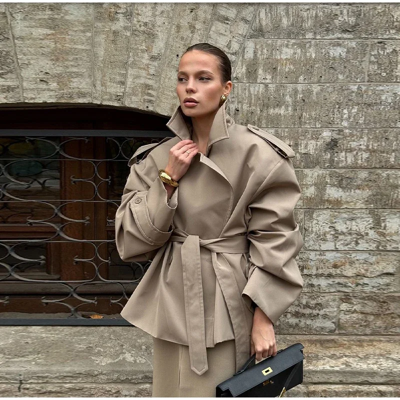 Chaquetas holgadas informales para mujer, cinturón de manga larga con solapa, cortavientos corto con doble botonadura, ropa de calle elegante a la moda para primavera y otoño