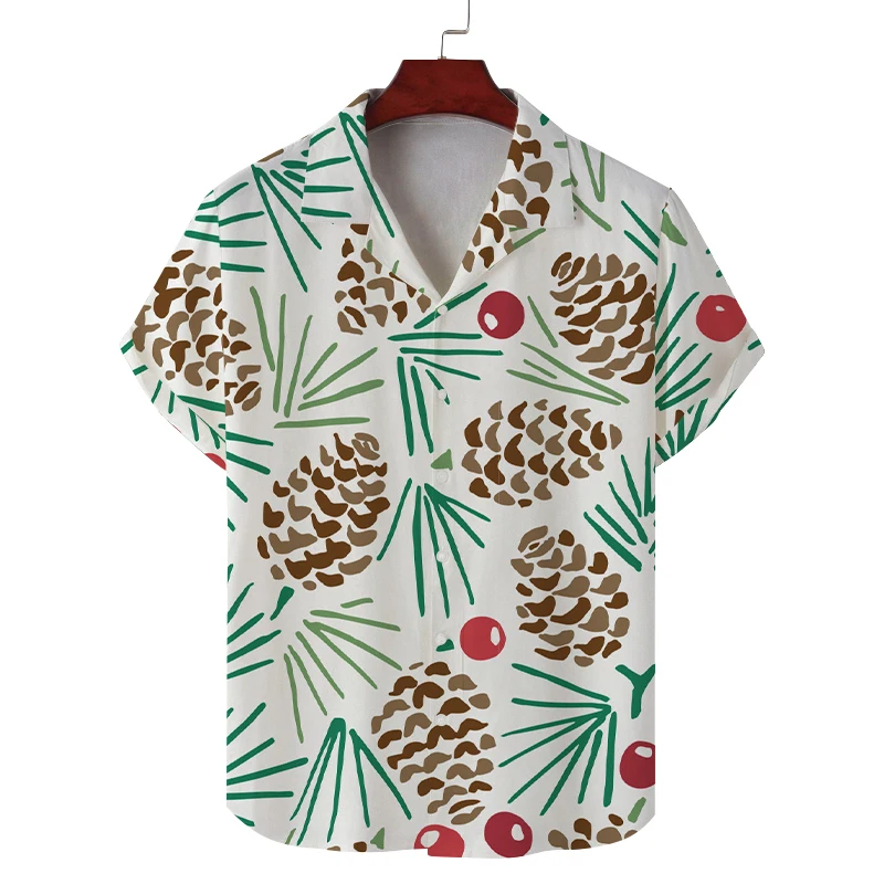 Men's Summer Cuban Collar Short Sleeve Shirt Christmas Pine Tree Pine Cone Print Men's Comfortable Breathable Shirt