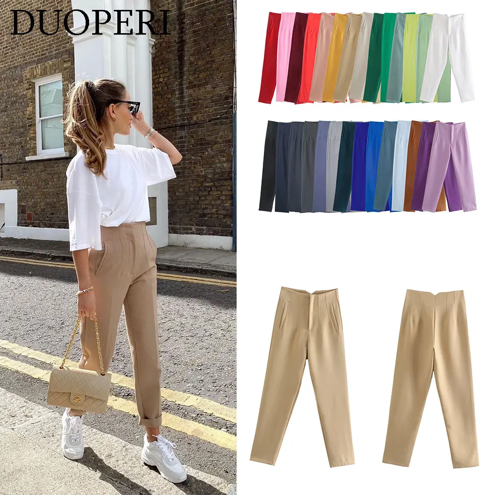 DUOPERI Women Fashion Solid Basic High Waist Trousers Chic Female Office Lady Casual Business Workwear Long Pant