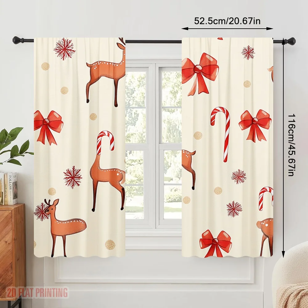 2pcs,2D plane printing Print Curtains Christmas Bows Reindeer Candies Baubles (2) Versatile Fabric (without rod) All Seasons Use