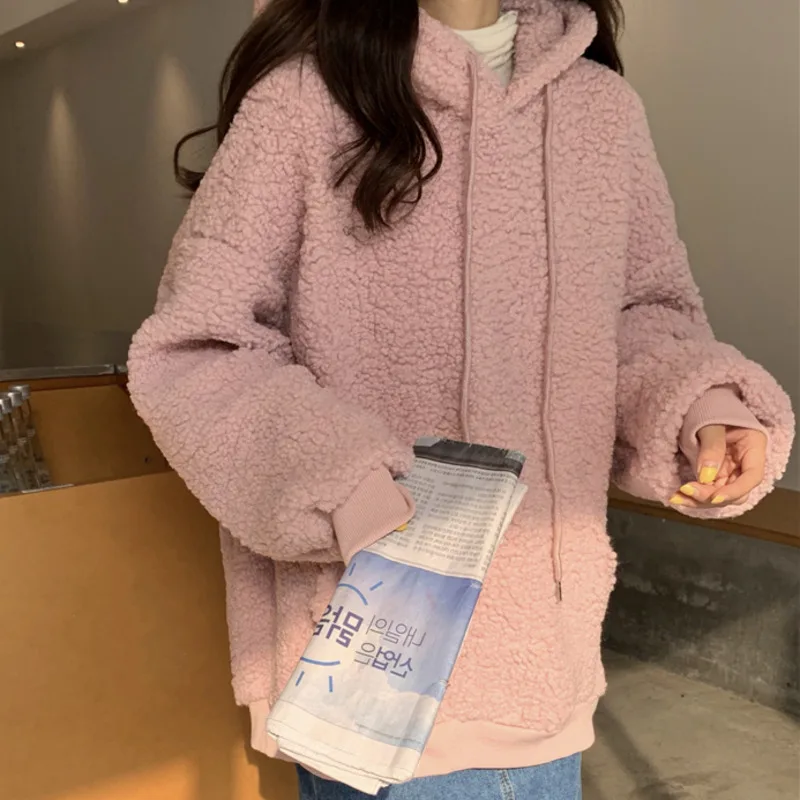 Autunno inverno donna falso Pullover in lana d'agnello caldo addensare felpe con cappuccio orecchie d'orso Kawaii felpa con cappuccio sciolto Casual in pile Outwear