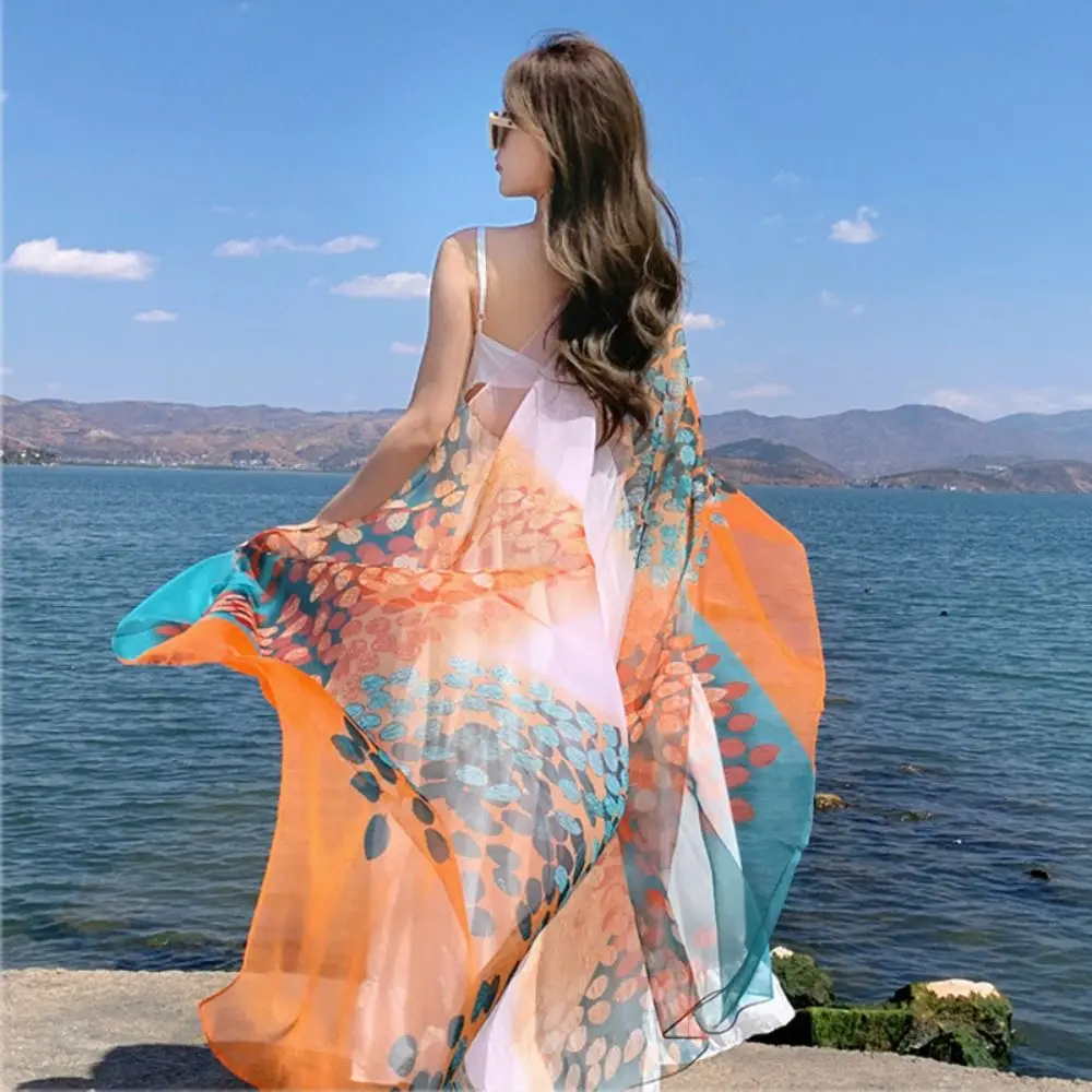 وشاح حريري رقيق للنساء ، شال حماية من الشمس الرقيق ، فورال عتيق ، عطلة رائعة ناعمة