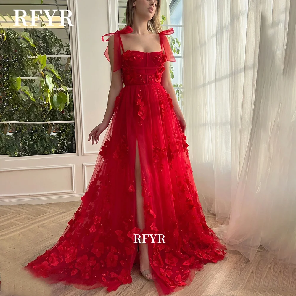 

RFYR Red Prom Gowns Bow Straps Party Gowns Applique Princess Ball Dress for Women Elegant Celebrity Gala Gown Customized
