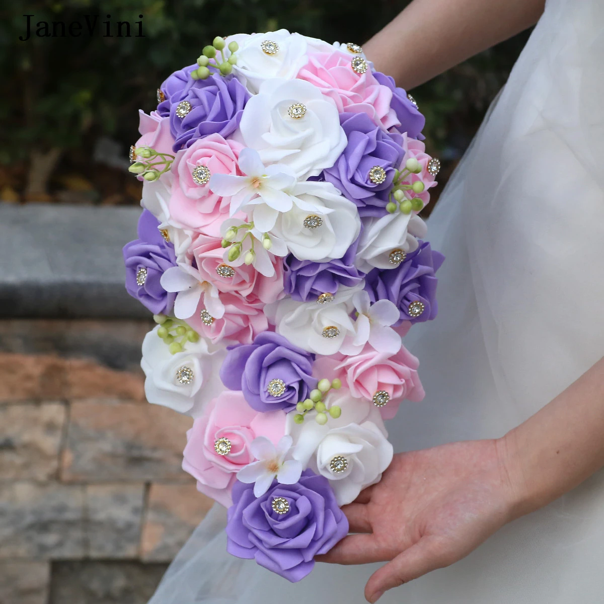 

JaneVini Purple White Waterfall Wedding Flowers Bridal Bouquets with Crystals Artificial Foam Roses Fake Bouquet for Bridesmaid