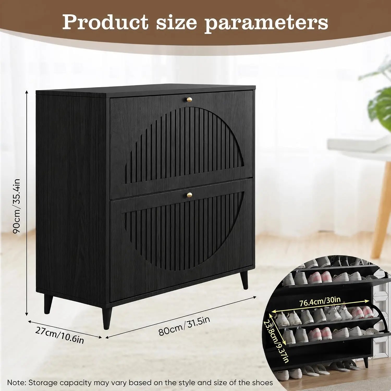 Black Narrow Freestanding Shoe Storage Cabinet for Entryway, Wooden Hidden Shoe Organizer with 2 Fluted Flip Drawers & Adjustable Shelves, Hallway Foyer Shoe Rack, Holds 12-16 Pairs