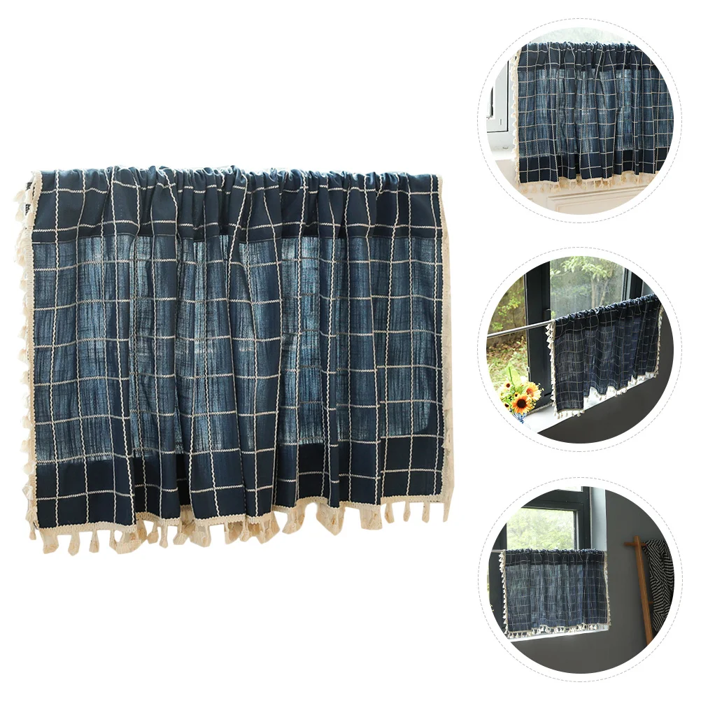 

Cotton Linen Partition Curtain With Fringed Lace Edge Creative Lattice Design Short Hanging Curtain For Bedroom Home