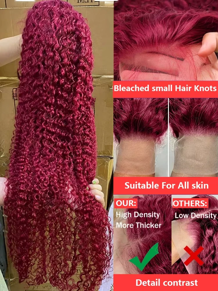 250 الكثافة 13x4 مجعد 99J بورجوندي الدانتيل شعر مستعار أمامي النبيذ الأحمر الملونة 30 40 بوصة موجة عميقة 13x6 HD الدانتيل أمامي خصلات الشعر المستعار الإنسان