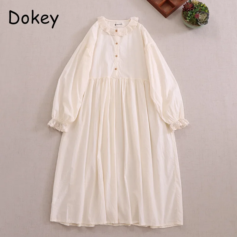 Vintage Doll Collar Cotton Linen Long Dress Women Spring Summer Japanese Mori Solid Long Sleeve White Pullover Dress Loose Robe