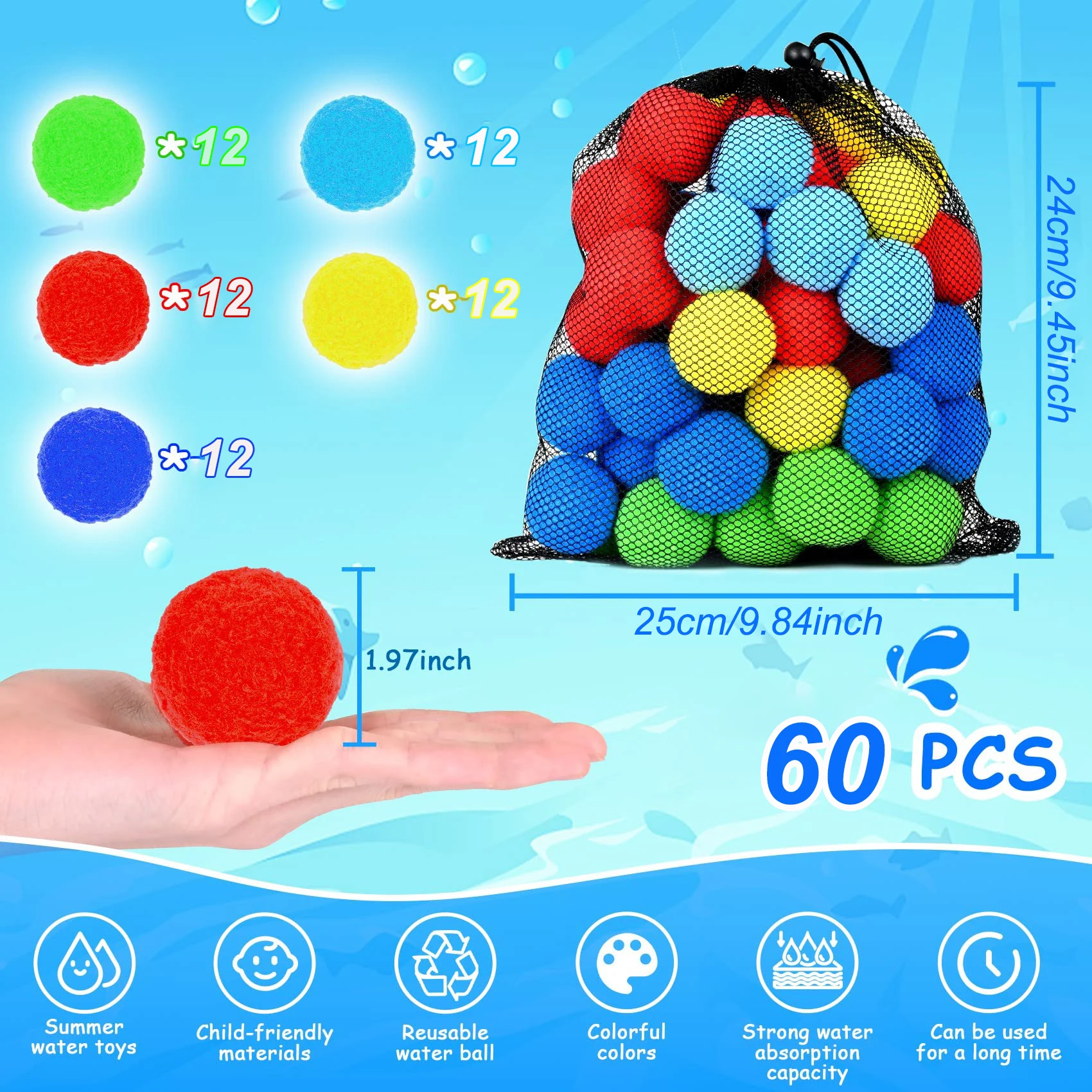 Reusable Water Balloons 60PCS Soaker Water Balls Kids Outdoor Toy for Pool Water Toys 5 Colors Rightness Beach Ball for Children