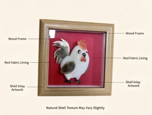 Cute Rooster Shell Inlay Framed Decor, Handmade Natural Shell Art Desktop Ornament Home Decoration Gift