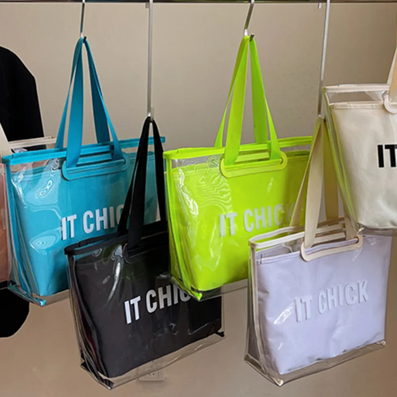 

2025 New Pvc Women's Shoulder Bag Beach Large Capacity Jelly Bag Waterproof Tote Handbag Large Double Layer Fashion Shopping Bag