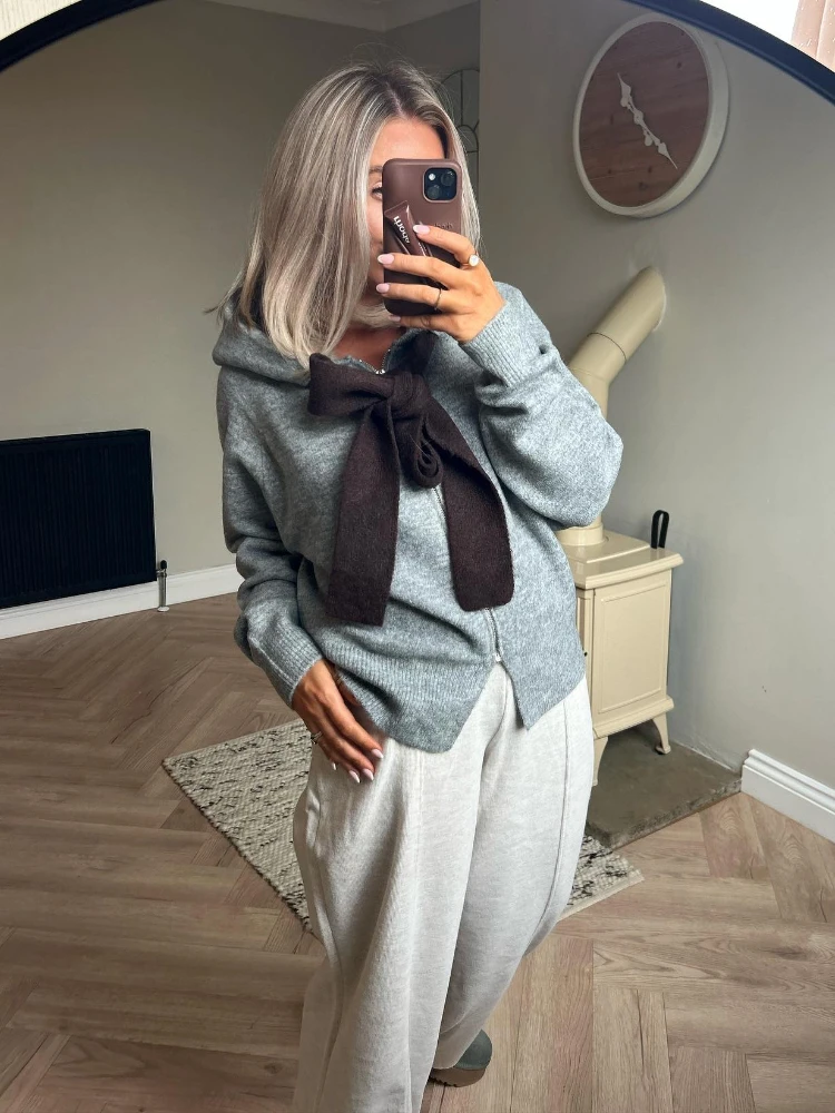 

Женская шикарная вязаная толстовка с капюшоном и бантом, свободная галстук-бабочка, вязаный кардиган с капюшоном и длинными рукавами, пальто, новая женская модная верхняя одежда