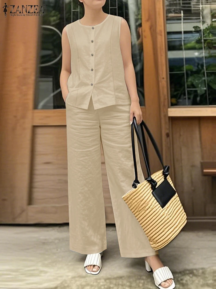 

ZANZEA 2PCS Summer Pant Sets 2025 Women Fashion Matching Sets Sleeveless Blouse Wide Leg Trousers Casual Solid OL Work Outfits