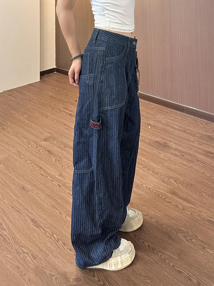 

American Sle Patchwork Deconstructed Striped Women's Jeans Multi-ket Design Wide Leg Workwear Trousers Casual Loose Fit