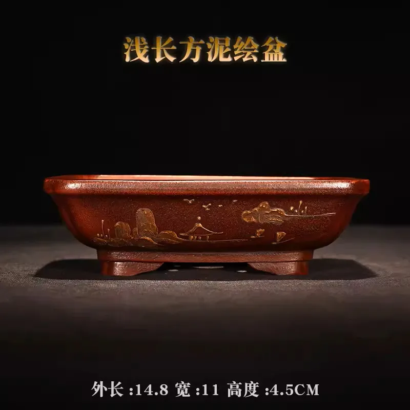 

Purple Sand Round Rectangle Plate Bonsai Pot Vase Tradition Chinese Handmade Painting Home Office Desk Table Garden Decoration