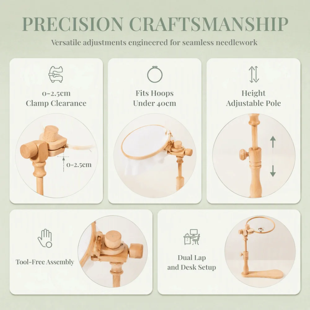 Adjustable Height Extender Embroidery Hoop Stand Beech Wood 360° Rotatable Cross Stitch Stand Tabletop Seat Frame