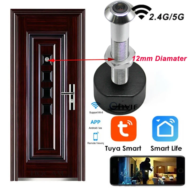 Tuya 12mm Diamater Smallest 1080P Mini Wifi Door Eye Camera Hole Wide Angle FishEye Lens 150Degree Peephole Audio P2P Onvif