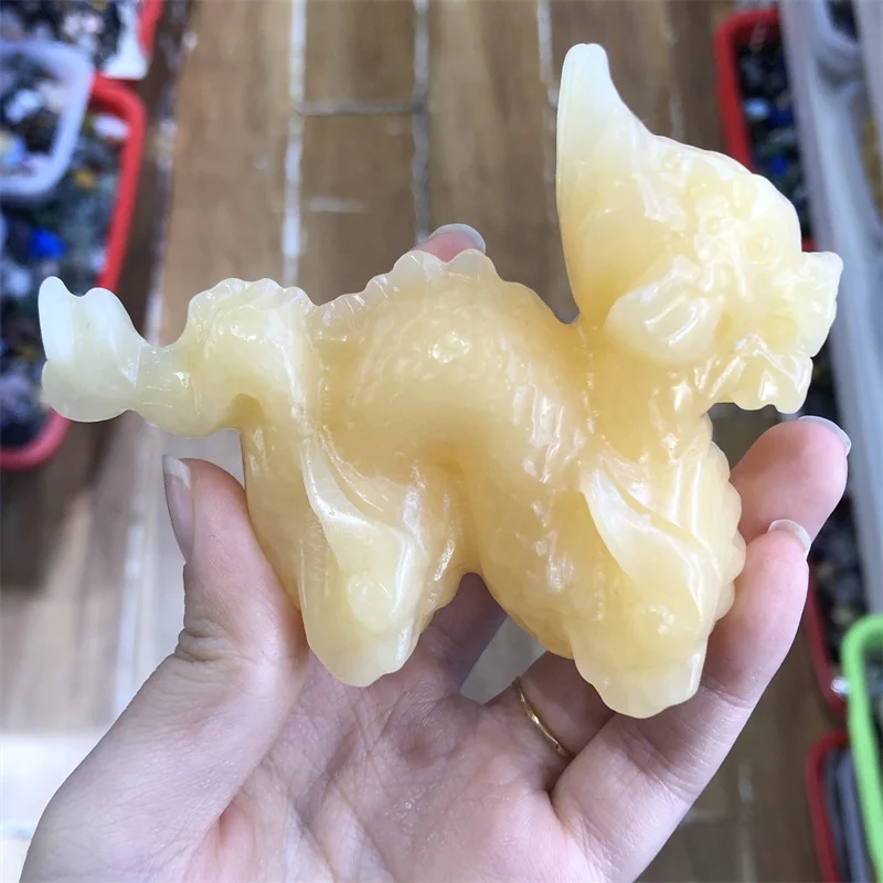 Natural Yellow Calcite Dragon Skull Head Polished Powerful Animal Statue Home Office Decoration Gift 1pcs