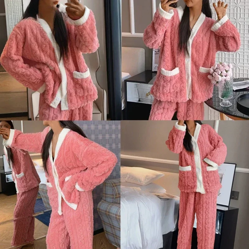 Autumn Winter Kawaii Cartoon Pajama Sets Women Pyjamas Warm Flannel Loung Sleepwear Girl Pijama Mujer Night Suits Homewear PJ