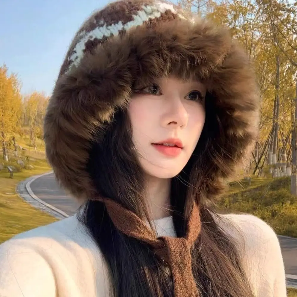 

Casual Ethnic Style Knitted Plush Hat Thicken Windproof Pullover Beanie Hat Retro Warm Faux Fur Lei Feng Hat Autumn Winter