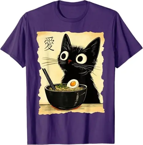 Lustiges Katzen-Ramen-Grafik-T-Shirt, japanisches Kawaii-Anime-Katzen-T-Shirt, süßes Kitty-Liebhaber-Comics-Grafik-Outfit, kurzärmelige Blusen, Geschenke