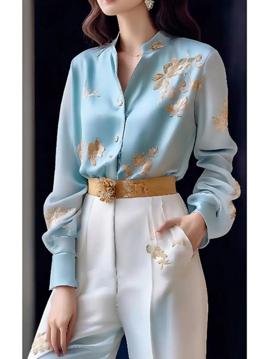 

Осенняя корейская шикарная синяя рубашка с цветочной вышивкой, женская одежда, весна/осень, винтажные блузки-поло с длинными рукавами, женские топы