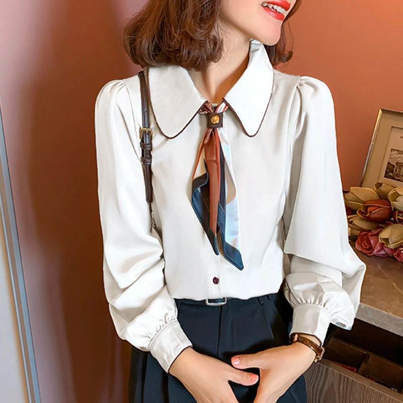 High Quality Satin Women Elegant Chic Bow Peter Pan Collar Shirts Korean Solid Long Sleeve Blouse Top Blusas Mujer De Moda 2023