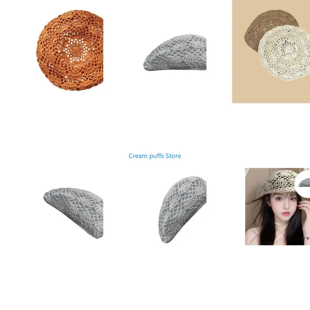 50LE Elegant European Woven Cap Openwork Design Unisex Women Cotton Crochet Skull Cap Knit Cutout Floral Hat