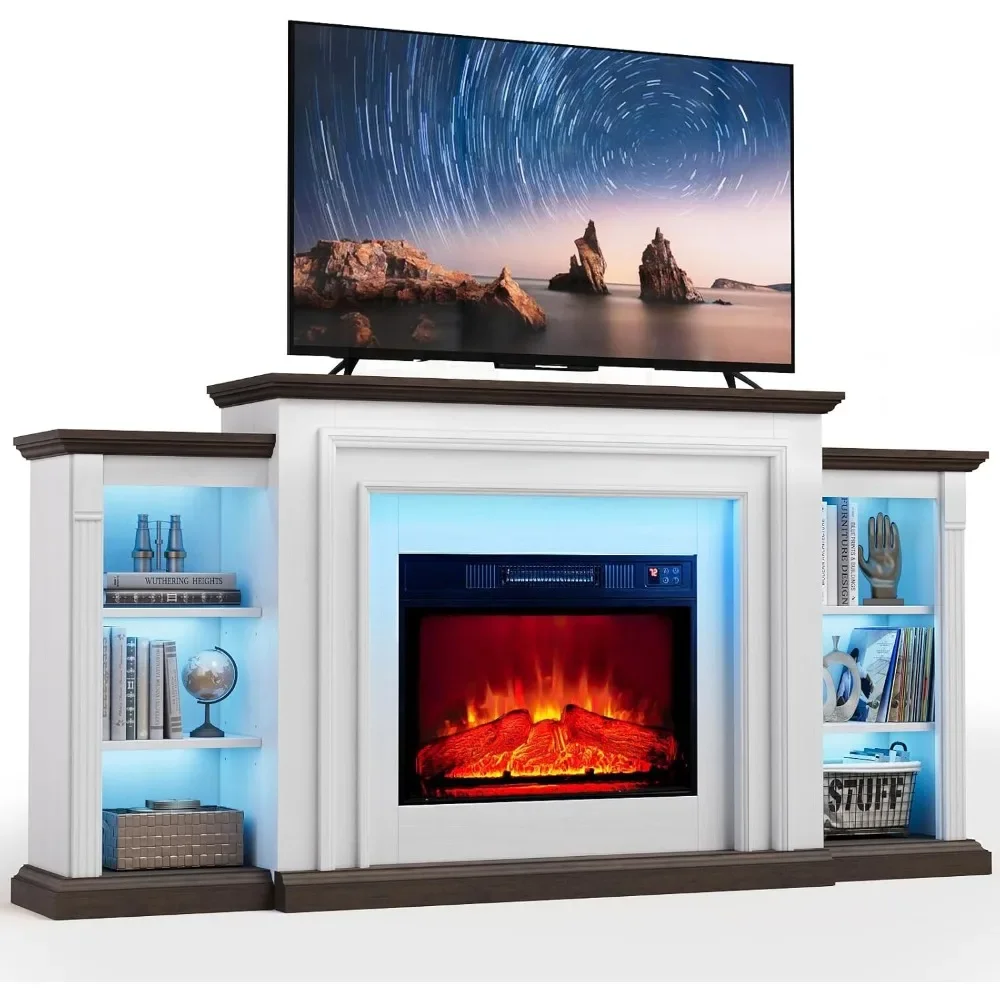 LED Electric Fireplace with Mantel, Fireplace TV Stand for 80 Inch TV, Modern Entertainment Center with Storage, Delicate