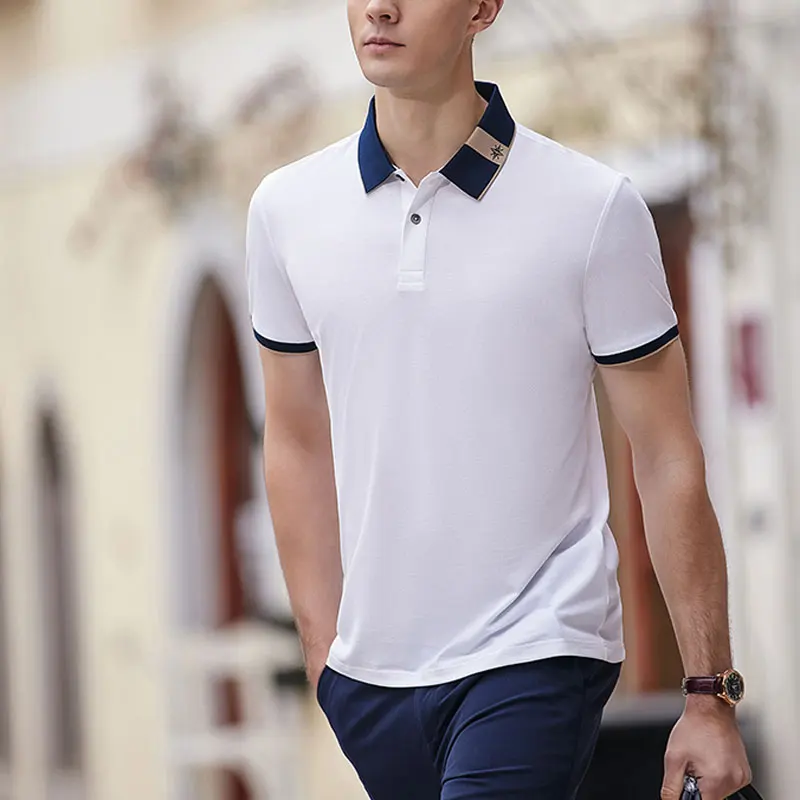 Fashion Turn-down Collar T-shirts Business Casual Short Sleeve Men's Clothing Contrasting Colors Summer Basic Button Polo Shirts