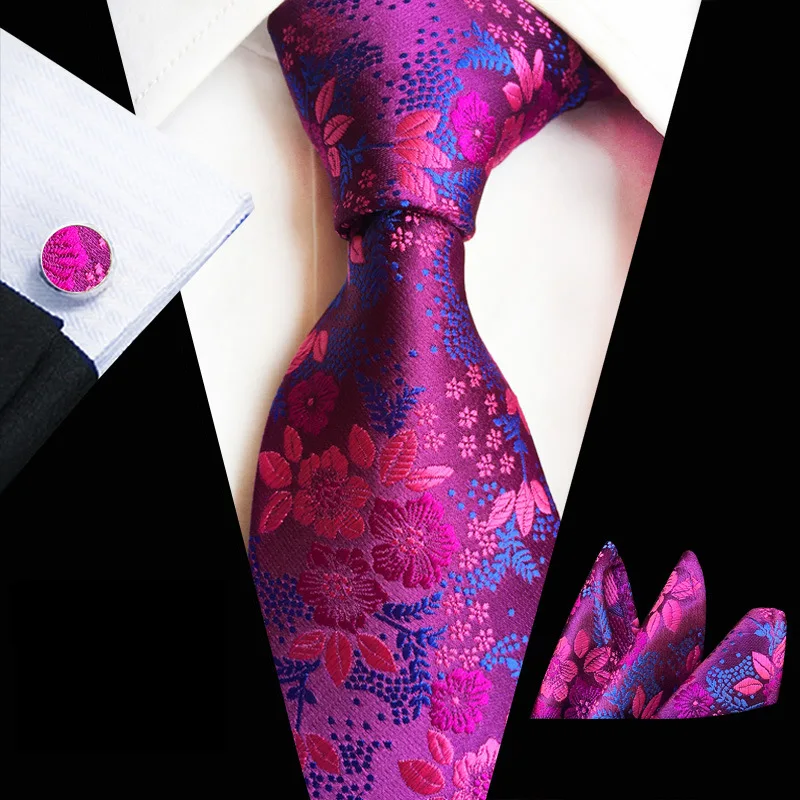 

Man's 8CM Plum Blossom Polyester Tie 25*25CM Pocket Squares Cufflinks Handkerchief Set Necktie Business Wedding Accessories Gift