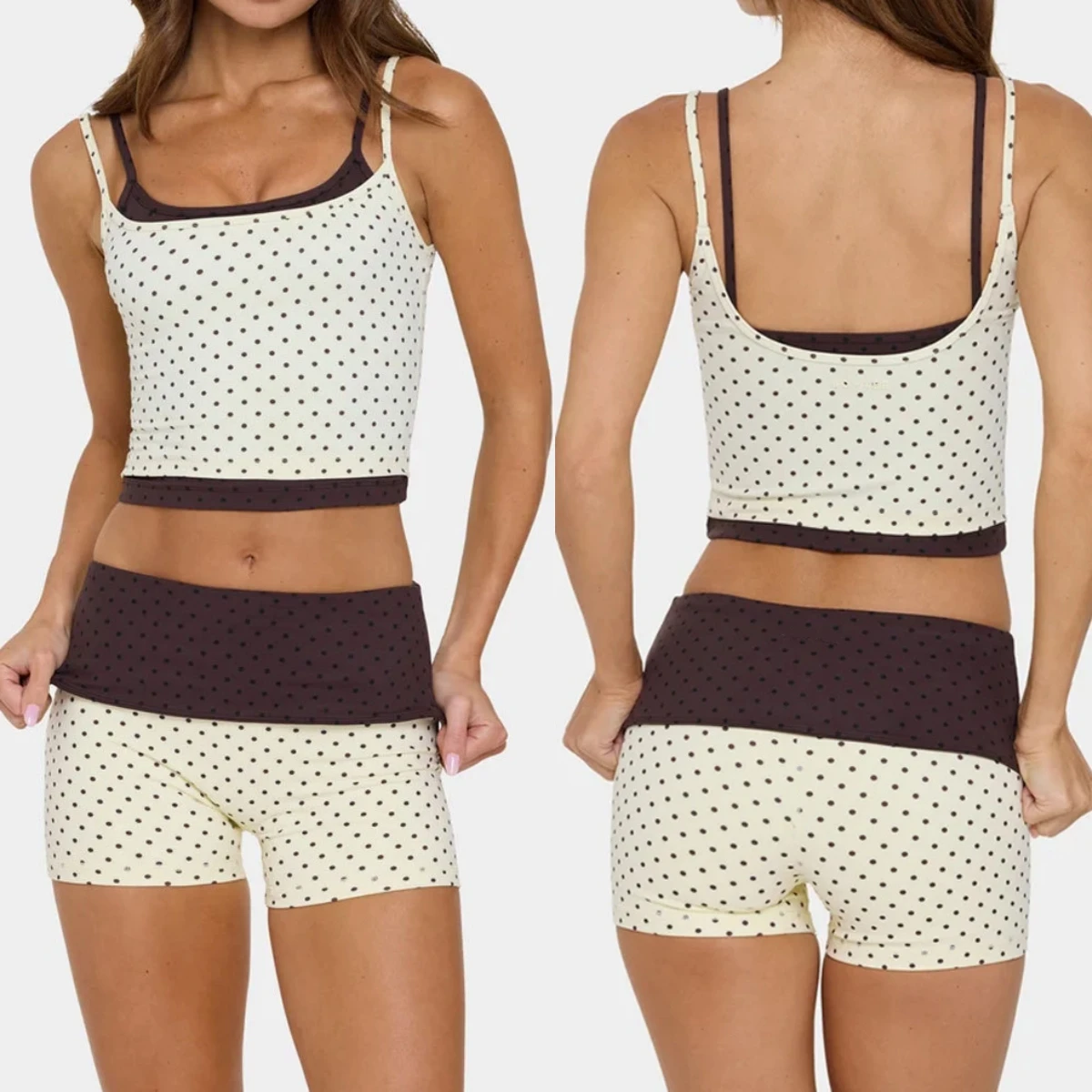 Brown Polka Dot Yoga Set 2 Pcs Sling Tank Top Crop Top Fold Waist Sports Shorts Women Casual Loungewear Fitness Gym Active Suit