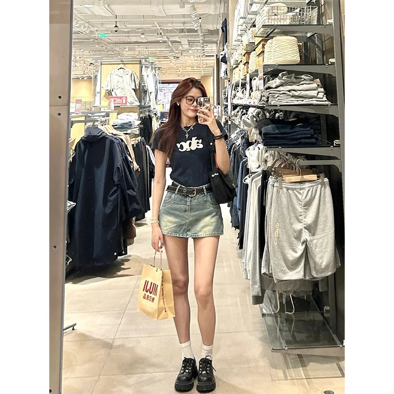 

Американская джинсовая юбка в стиле ретро, женская летняя новинка 2023 года, пикантная юбка трапециевидной формы с высокой талией для девочек, маленький размер с высокой талией