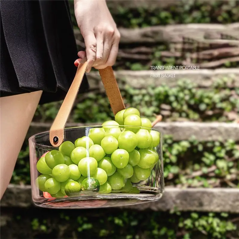 A20I Nordic Portable Plastic Fruit Bowl Transparent Ice Wine Snacks Fruit Storage Basket Plain Leather Handle S