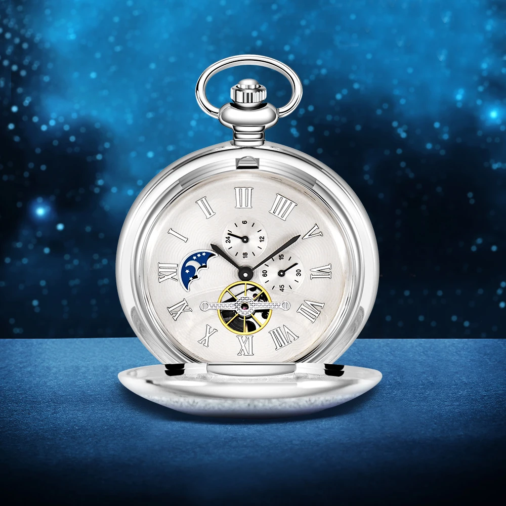 Vintage Mechanical Pocket Watch Sun, Moon, and Star Pendant The unique design comes with a thickened chain, which is perfect for