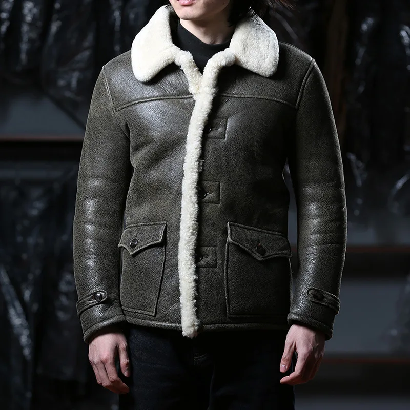 Winter Fur Sheep Skin Vintage Men's Mid-length Genuine Leather Jacket Outdoor Leisure Coats