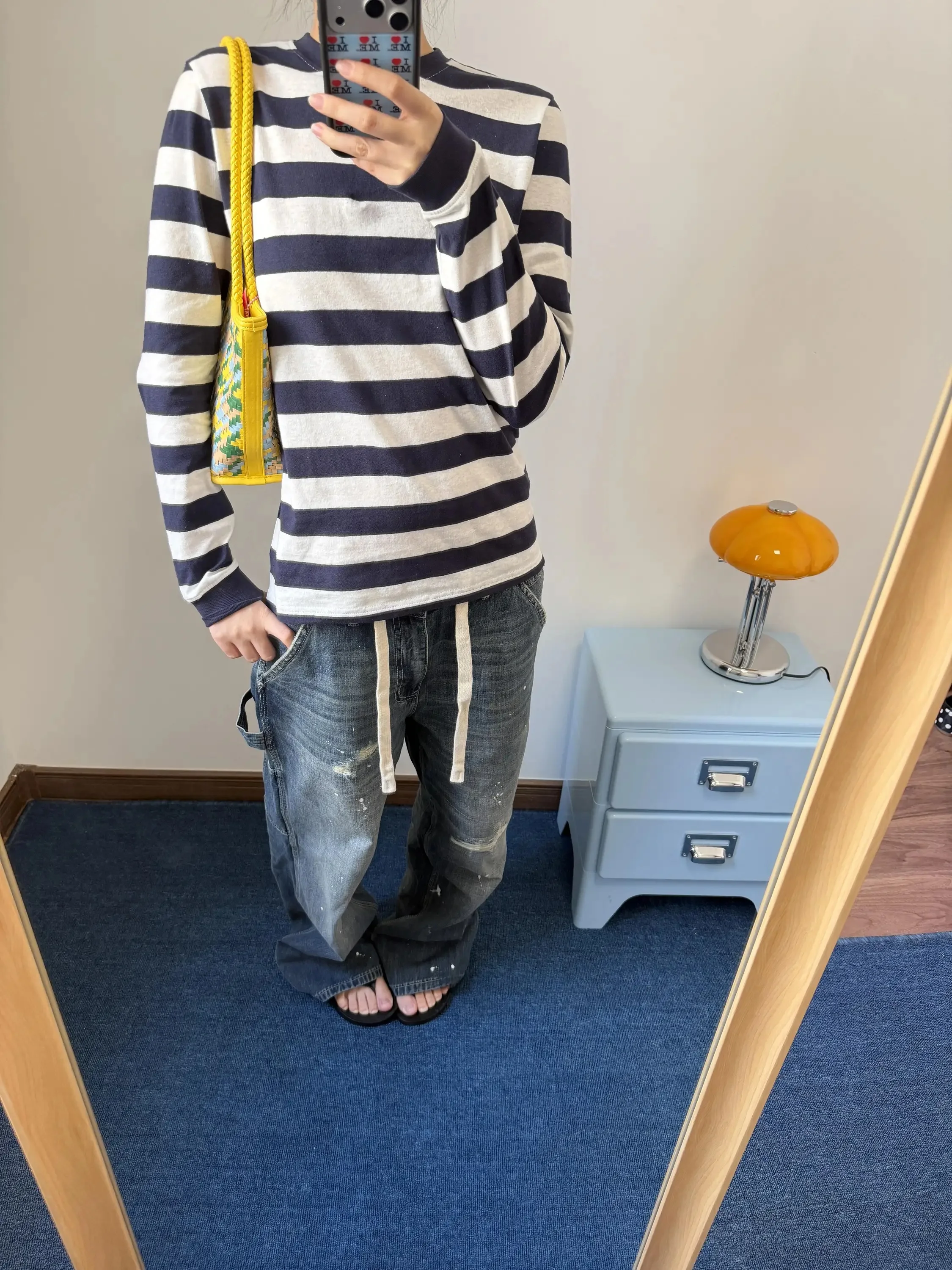 

Slimming Effect American Retro Blue White Color Block Long Sleeve round Neck Loose Casual Versatile T Shirt Women Base Shirt