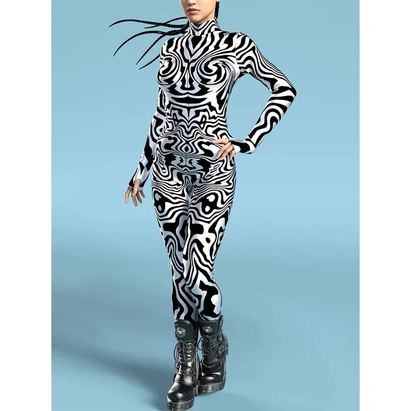 أبيض وأسود نمط Zentai البدلة هالوين تأثيري Morphsuit النساء الهذيان داخلية حللا الجوارب كرنفال حفلة تنكرية