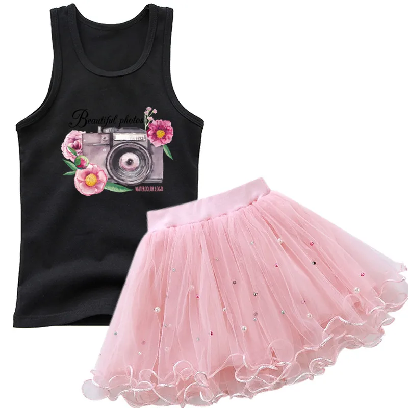 Girls Camera Flower Sleeveless T-shirt Outfits Baby Kids Cute Princess Tank Top +TUTU Skirt 2pcs kids party clothing Set