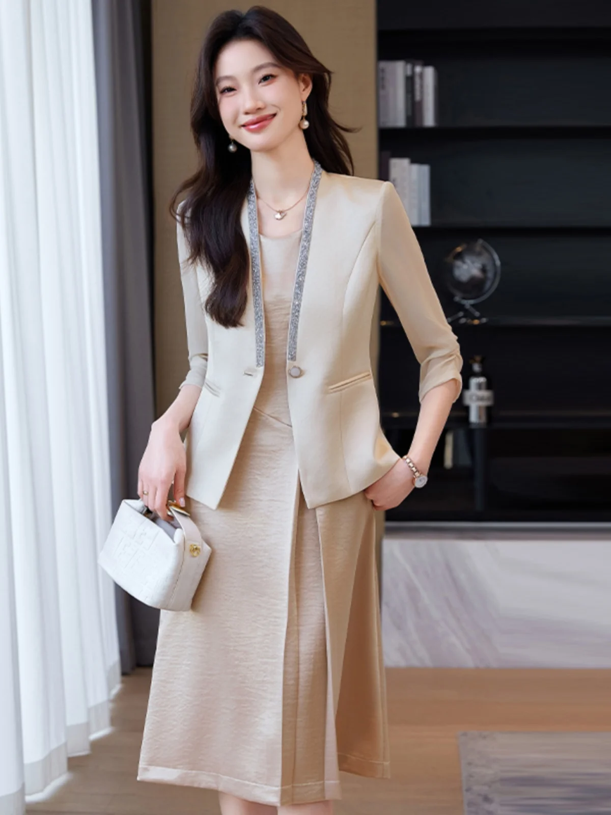 

Elegant Acetate Satin Seven-Quarter Sleeve Suit Jacket Women's Spring Summer New Style Dress Set Fashionable Business Wear