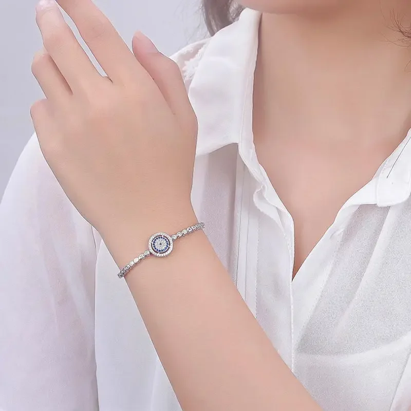 KALETINE Pure 925 Silver Bracelet Adjustable Beads Evil Eye Blue Cubic Zirconia Tennis Bracelets For Women Mens Jewelry KLTB015
