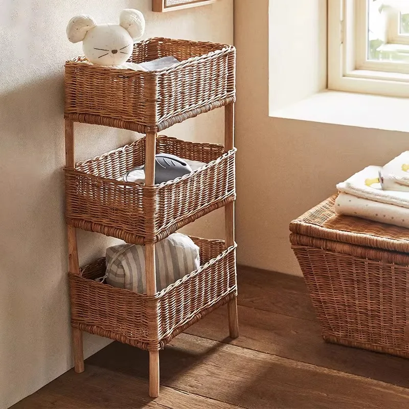 Natürliches, handgefertigtes Rattan-Bodenregal, Aufbewahrungsregal, Aufbewahrungskorb, waschbarer Bambuskorb
