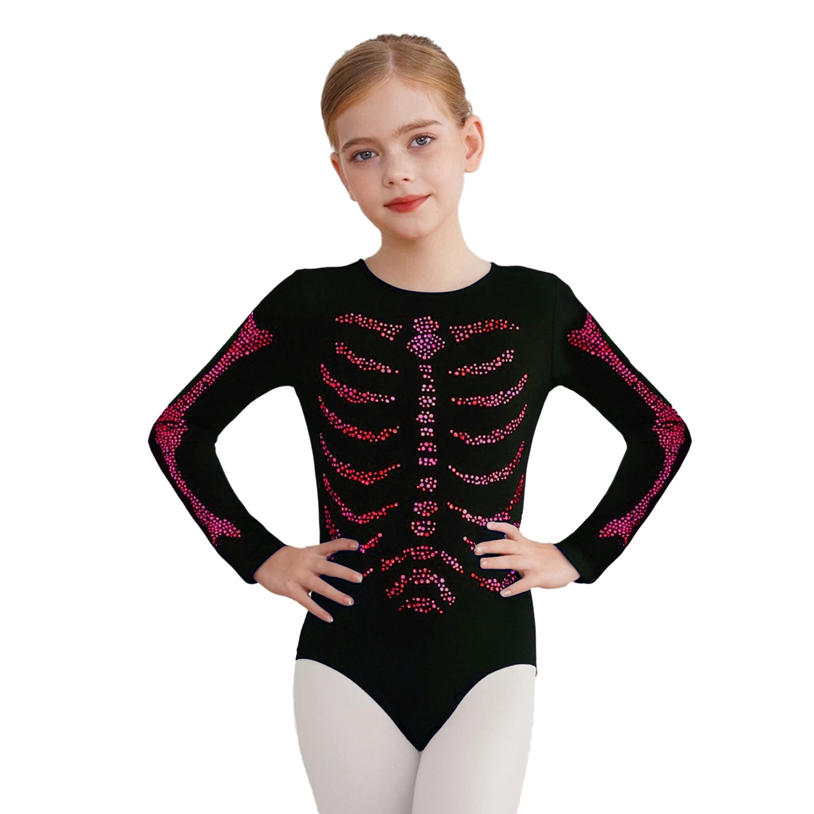 

Girls Skeleton Bodysuit Halloween Cosplay Costume Rhinestones Long Sleeve Crotch Press Button Leotards Fancy Ball Themed Party