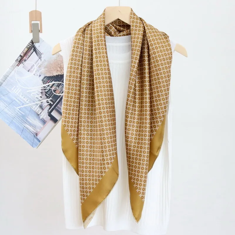 88x88cm 100% MULBERRY SILK Twill Scarf Yellow Geometric Chain Pattern Square Shawl Classic Minimal Silk Bandana Women Neck Scarf
