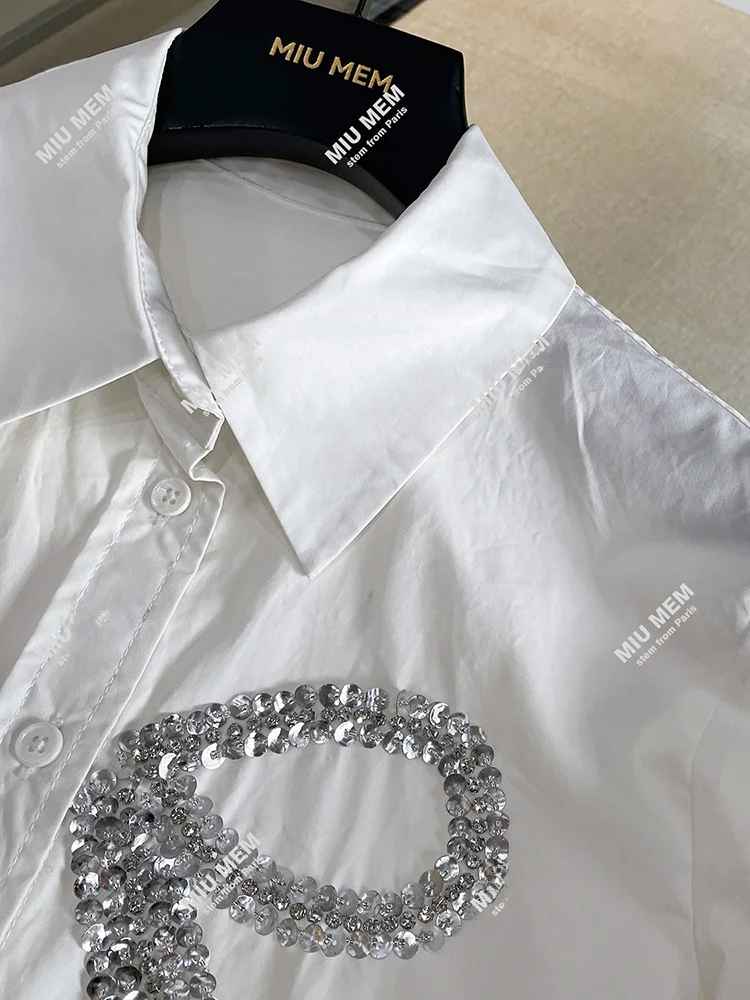 iny Sequin Women's irt Flip-Collar -Knot Top High-End European Sle Commute Loose Fit Long Sve Pure Color