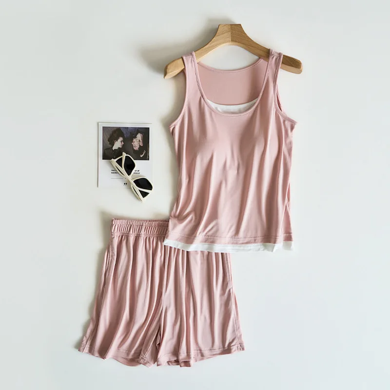 

Summer Pajamas Modal Two-Piece Pijama Sleeveless Sleepwear Women's Home Clothes With Chest Cup Pyjama Set Night Wear Female