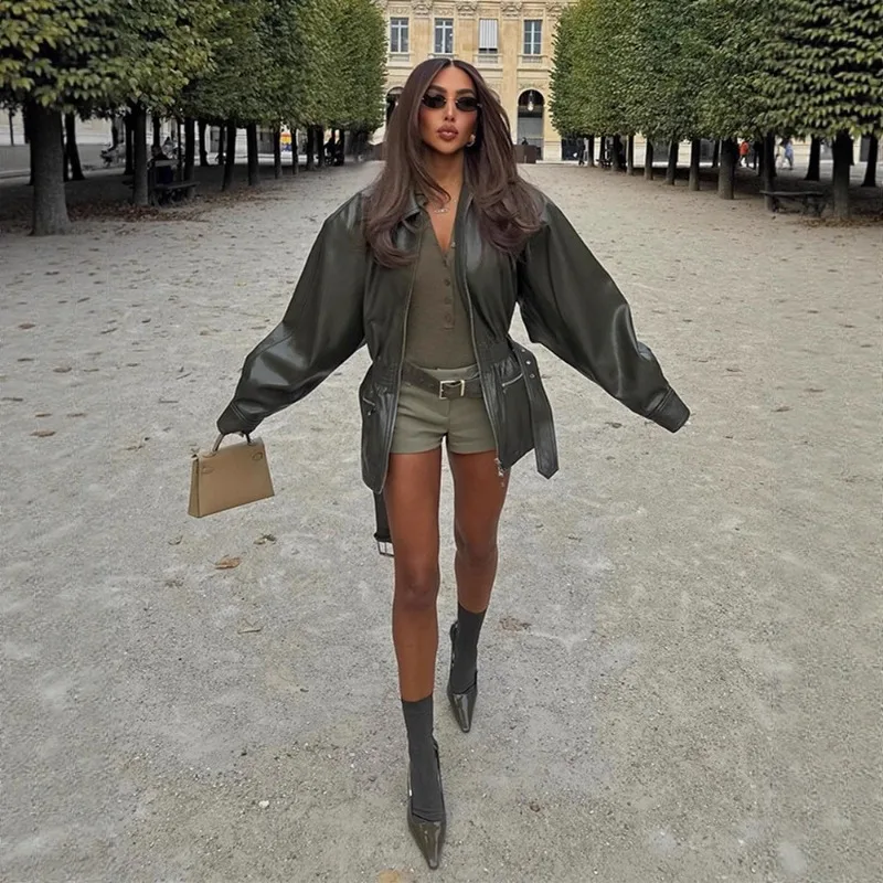 Damen Herbst-Winter Oberteile Mäntel Jacken Kunstlederjacken mit Reverskragen Gürtel Taillierte Passform Neuheiten Einzigartiger Stil Schick Trendy