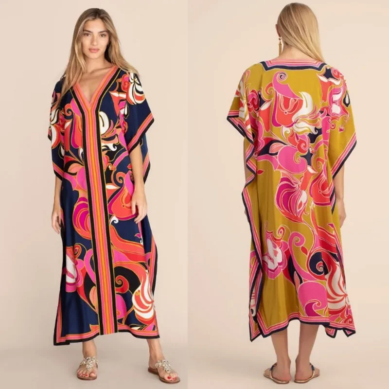 느슨한 보헤미안 프린트 비키니 커버 업, 여름 해변 원피스 튜닉, 여성 비치웨어, 카프탄 수영복 커버 업, 긴 로브 사롱